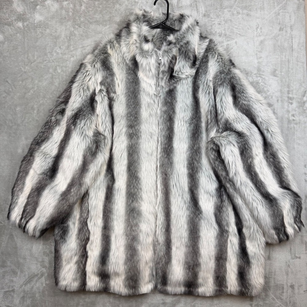 Roamans Gray White Striped Faux Fur Zip Front Coat Plus Size 34/36 4X Luxury